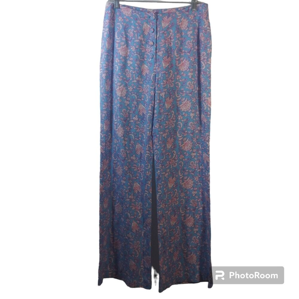 Versona Blue Floral Linen Boho Retro Wide Leg Pants Size 4